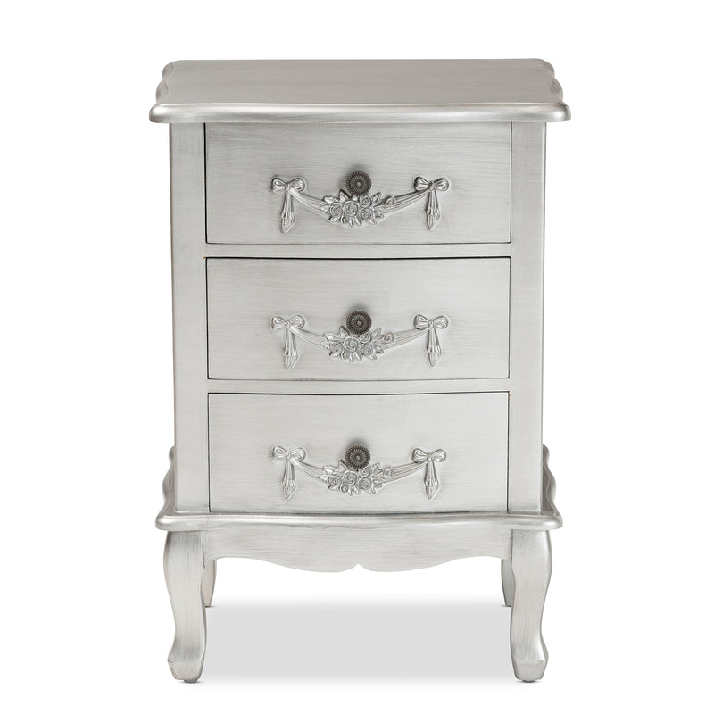 Callen End Table Classic and Traditional Brushed Silver Finished Wood 3-Drawer