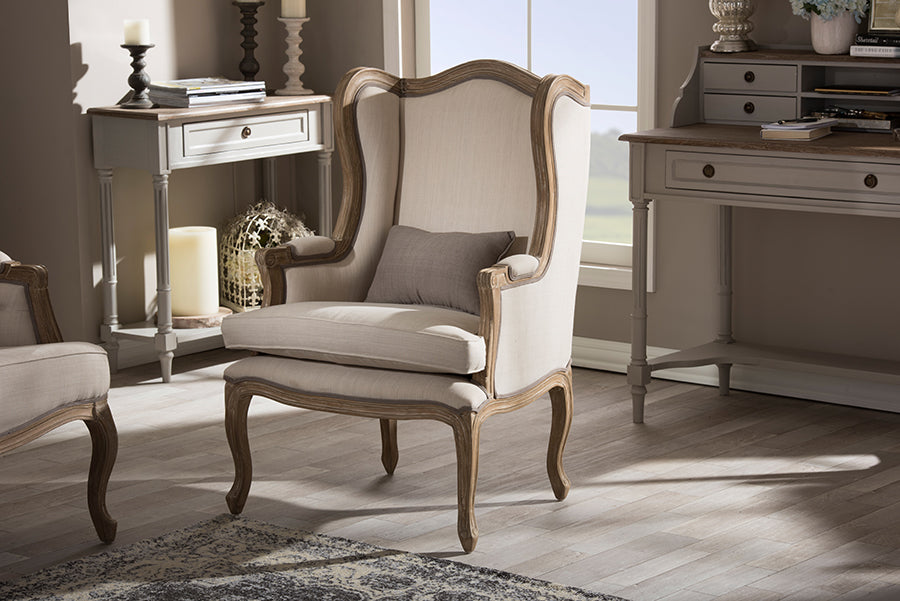 Oreille Armchair French Provincial Style White Wash Finish Two-Tone Beige Upholstery Elegant Accent Chair for Living Room or Bedroom