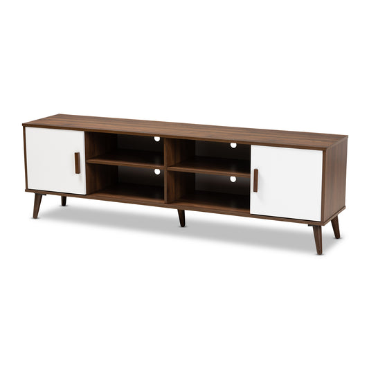 Quinn Mid-Century Modern TV Stand Two-Tone White and Walnut Finished 2-Door Wood Entertainment Center for Living Room