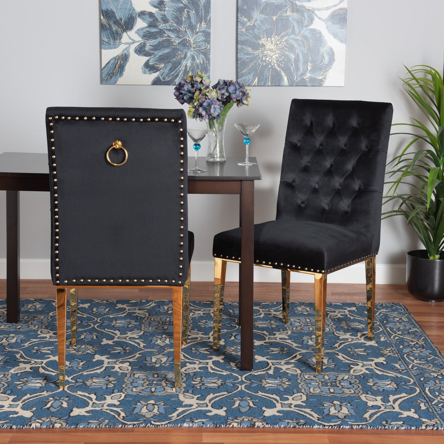 Caspera Dining Chair Set Contemporary Glam and Luxe Black Velvet Fabric and Gold Metal 2-Piece