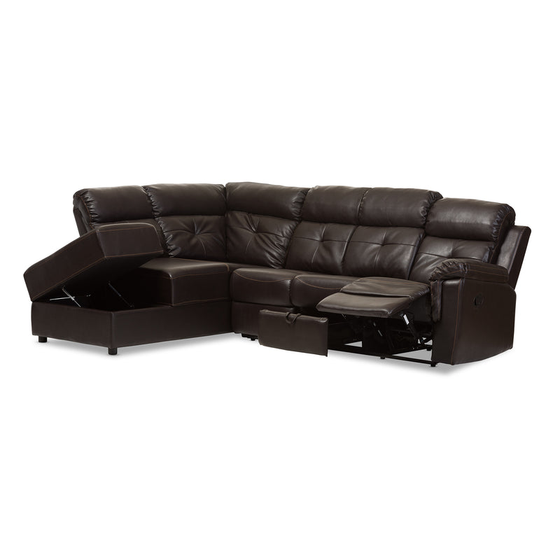 Roland Sectional Sofa Modern Dark Brown Faux Leather 2-Piece Design with Recliner and Storage Chaise for Comfort and Style