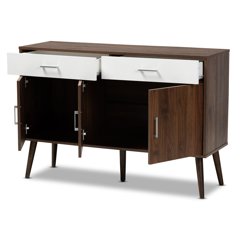 Leena Sideboard Mid-Century Modern Two-Tone White and Walnut Wood 2-Drawer Buffet for Dining Room Storage and Organization