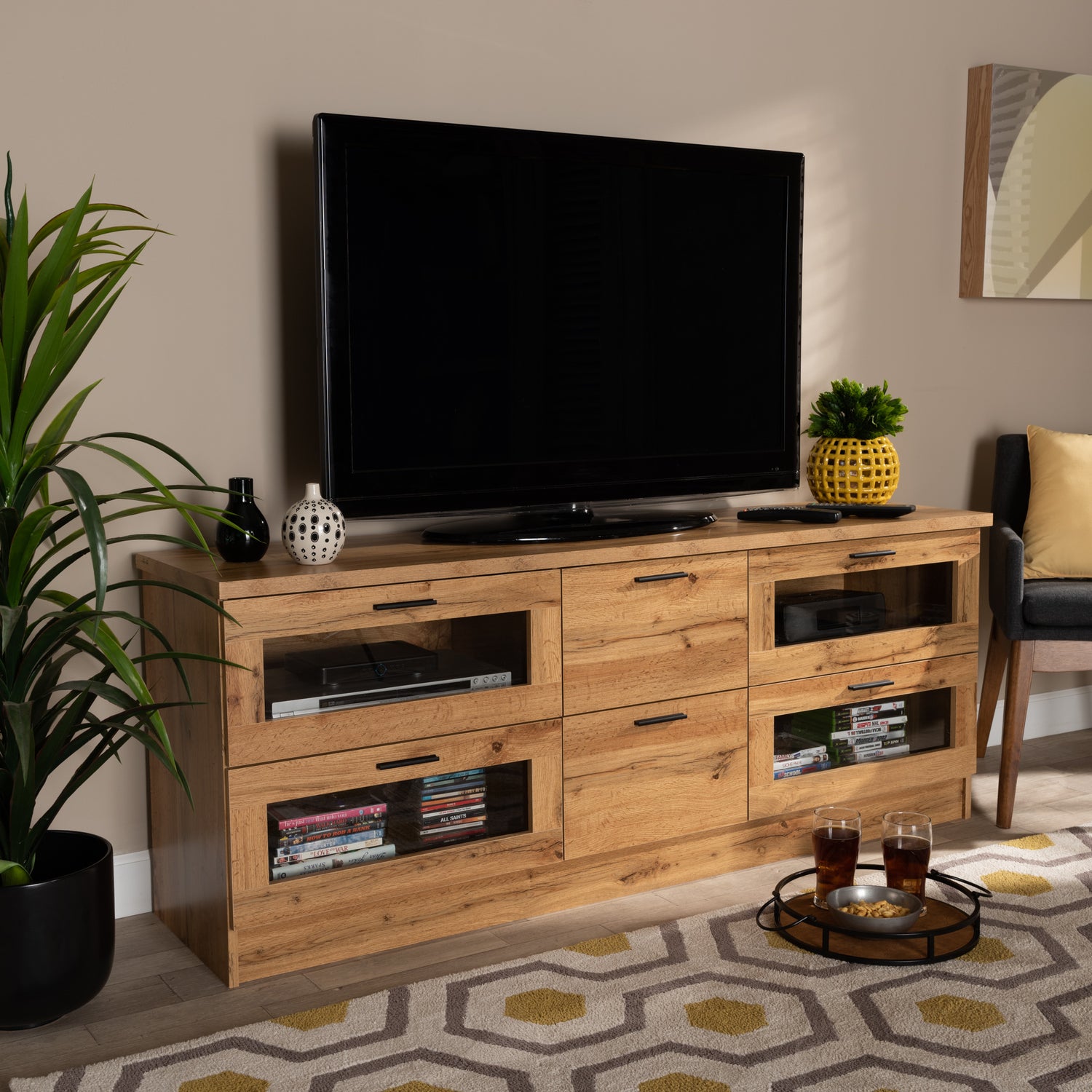 Adelino TV Stand Modern and Contemporary Oak Brown Finished Wood 2-Drawer