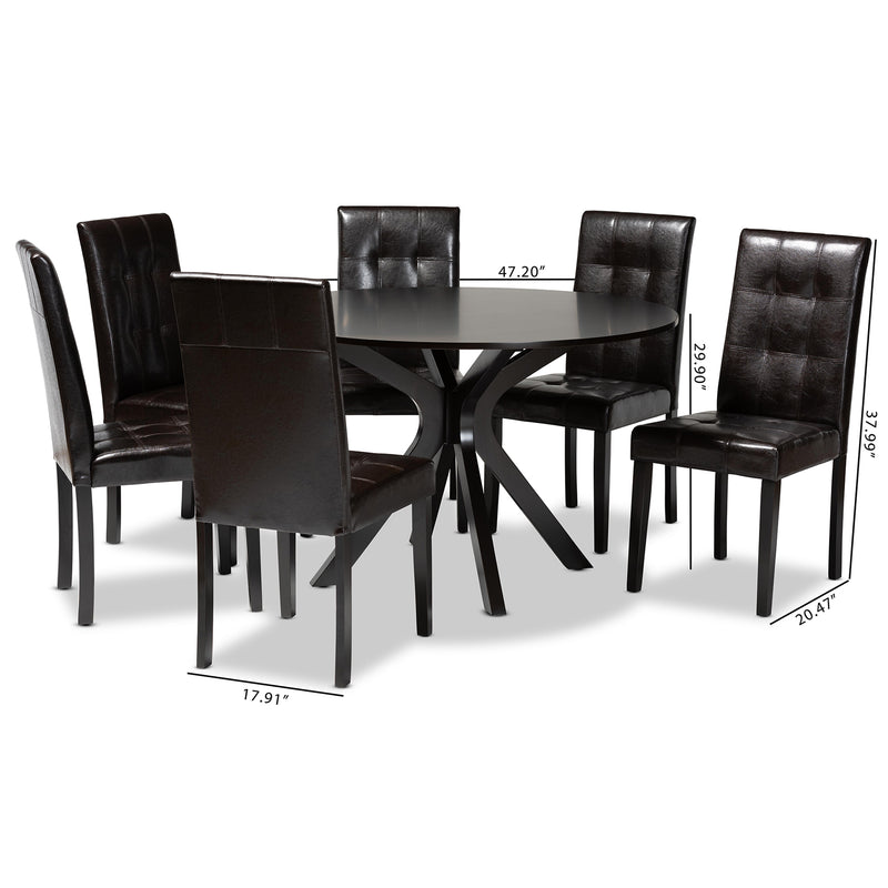 Marie 7-Piece Dining Set Modern Dark Brown Faux Leather Chairs with Dark Brown Finished Wood Table