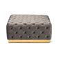 Verene Ottoman Glam and Luxe Grey Velvet Fabric Upholstered Gold Finished Square Cocktail