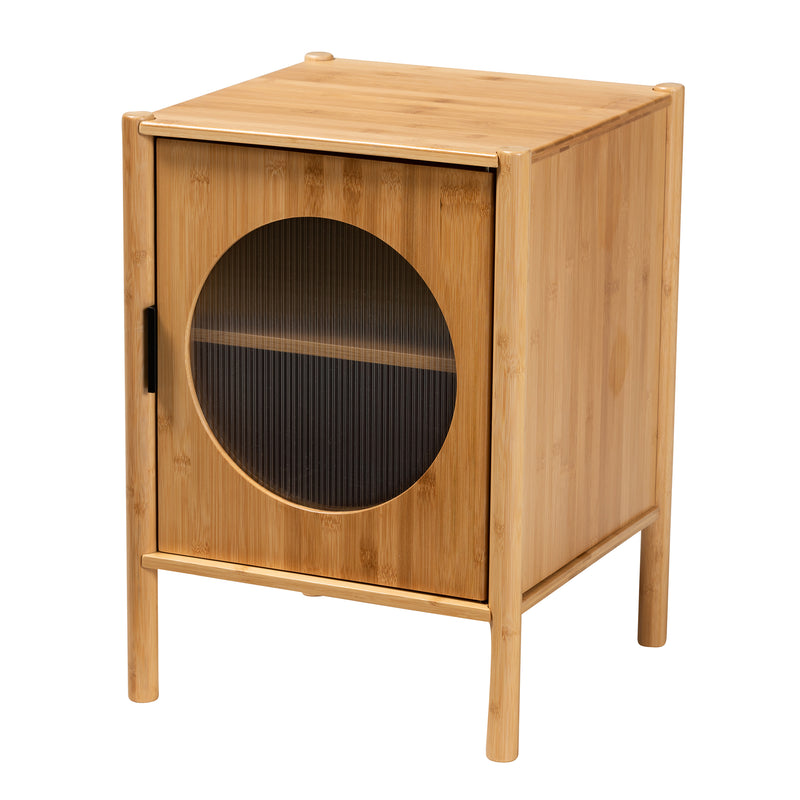 Naresh Mid-Century Modern End Table Natural Brown Bamboo Wood with 1 Door for Stylish Storage