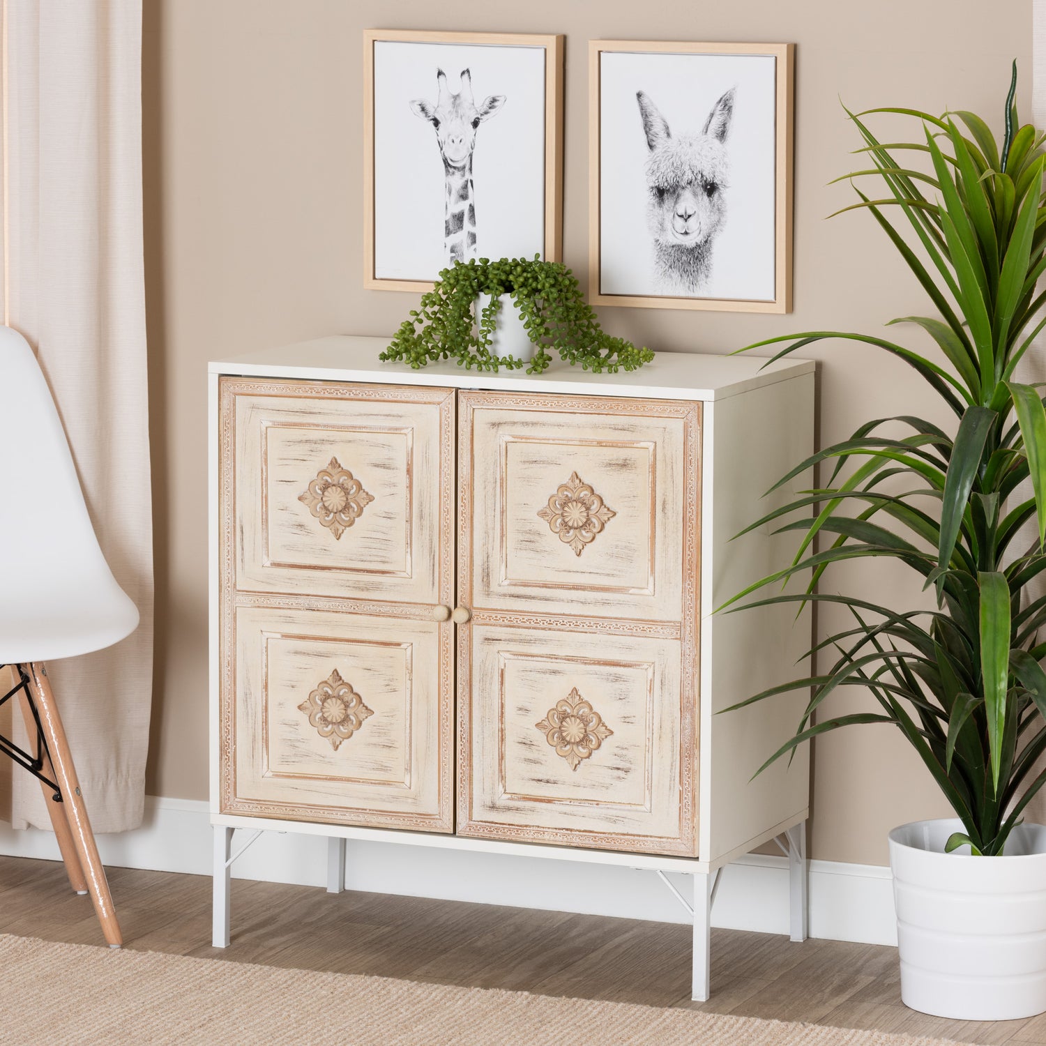 Favian Sideboard Classic Two-Tone Design in White and Weathered Brown Wood with 2 Doors for Stylish Storage