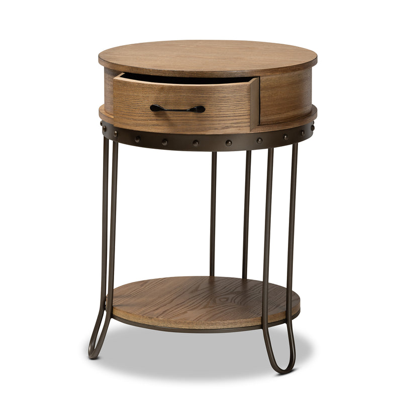 Kellyn End Table Vintage Rustic Industrial Design with Oak Brown Wood and Black Metal, Featuring 1 Storage Drawer