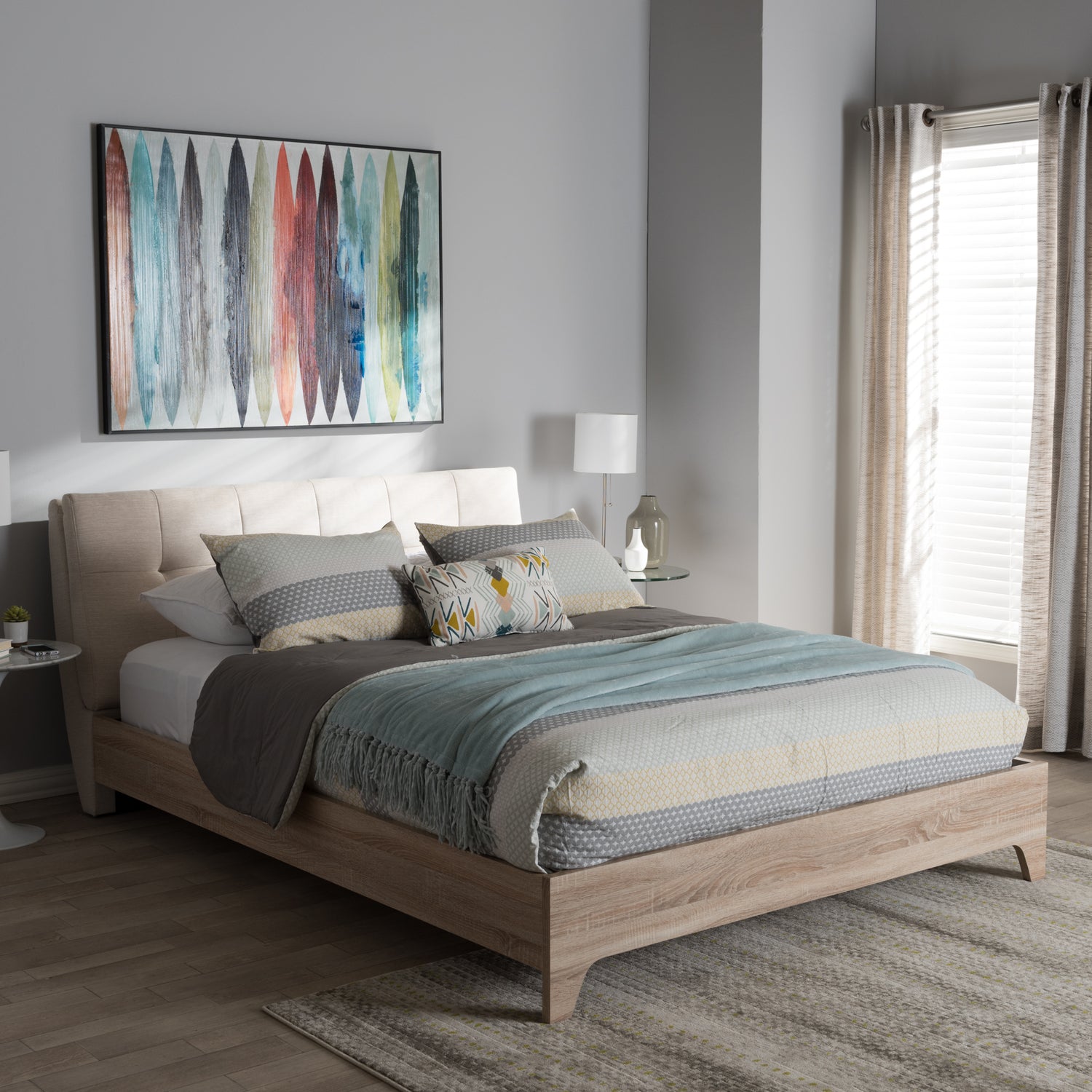 Adelia Queen Size Platform Bed Mid-Century Light Beige with Whitewash Finish Stylish Durable Design for Modern Bedrooms