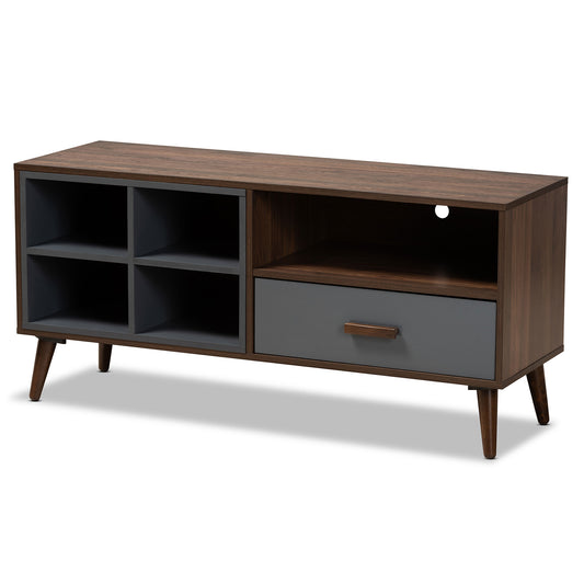 Garrick TV Stand Modern Contemporary Two-Tone Grey Walnut Brown Wood with 1 Drawer for Stylish Living Room Storage