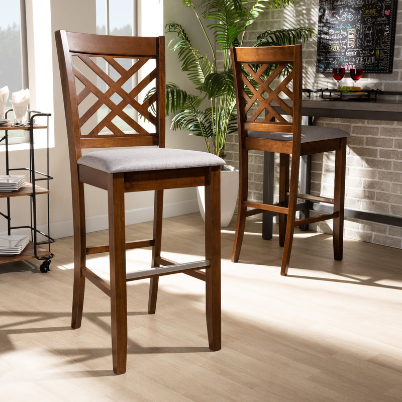 Jason Bar Stool Set Modern Contemporary Grey Fabric Upholstered Espresso Brown Finished Wood 2-Piece