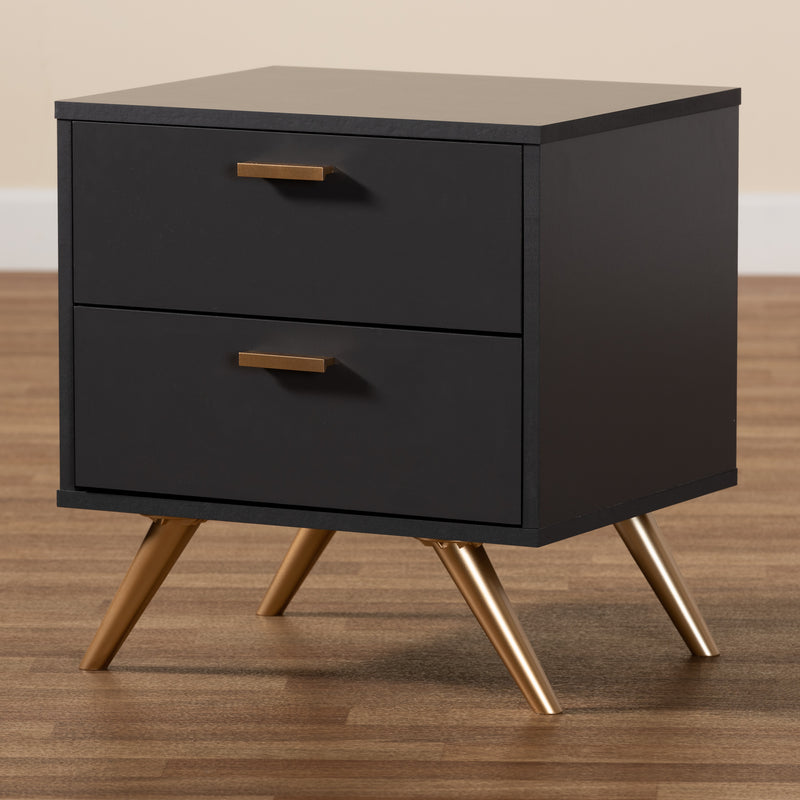 Kelson Nightstand Modern Dark Grey and Gold Finished Wood 2-Drawer Nightstand for Bedroom Storage and Style