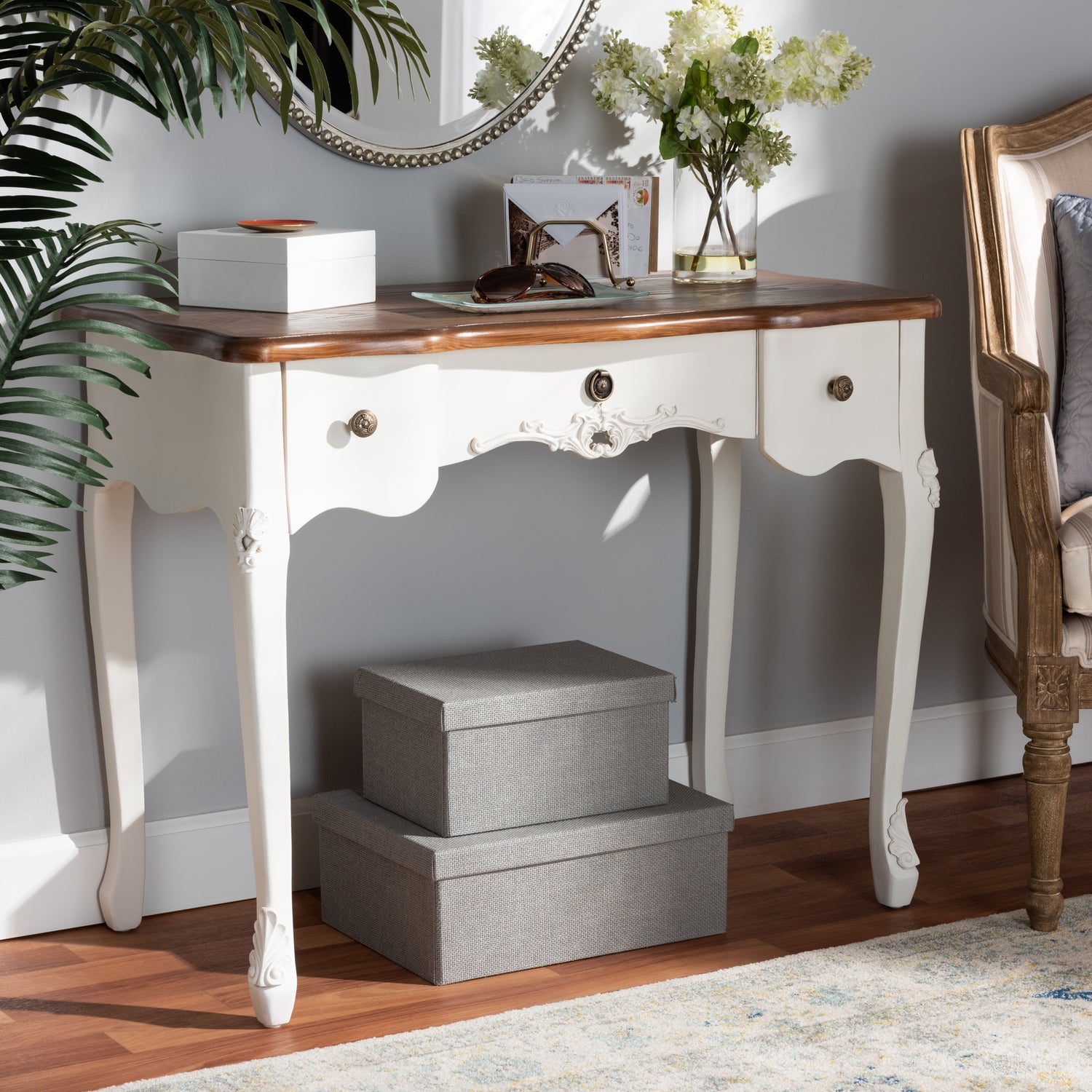 Sophie Console Table - Classic French Country Design with White and Brown Finish, Featuring 3 Small Drawers for Storage and Style