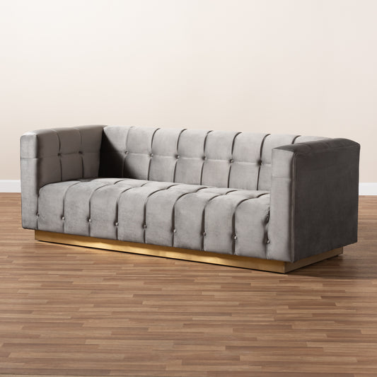 Loreto Sofa Glam and Luxe Grey Velvet Fabric Upholstered Brushed Gold Finished