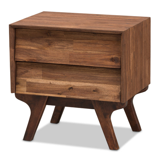 Sierra Mid-Century Modern Nightstand Brown Wood 2-Drawer Bedside Table with Stylish Design and Functional Storage