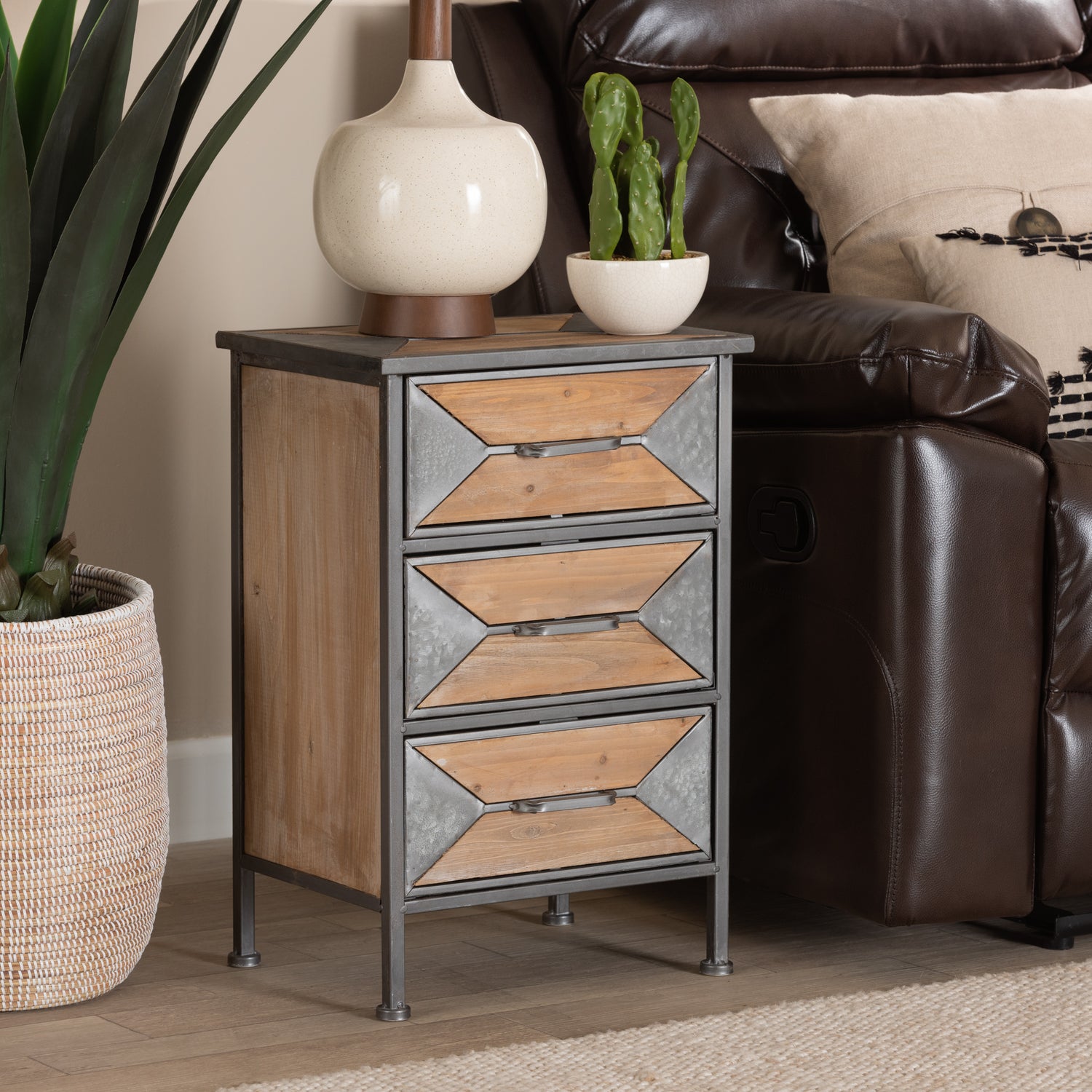 Laurel Rustic Industrial End Table with 3 Drawers in Antique Grey Metal and Whitewashed Oak Finish