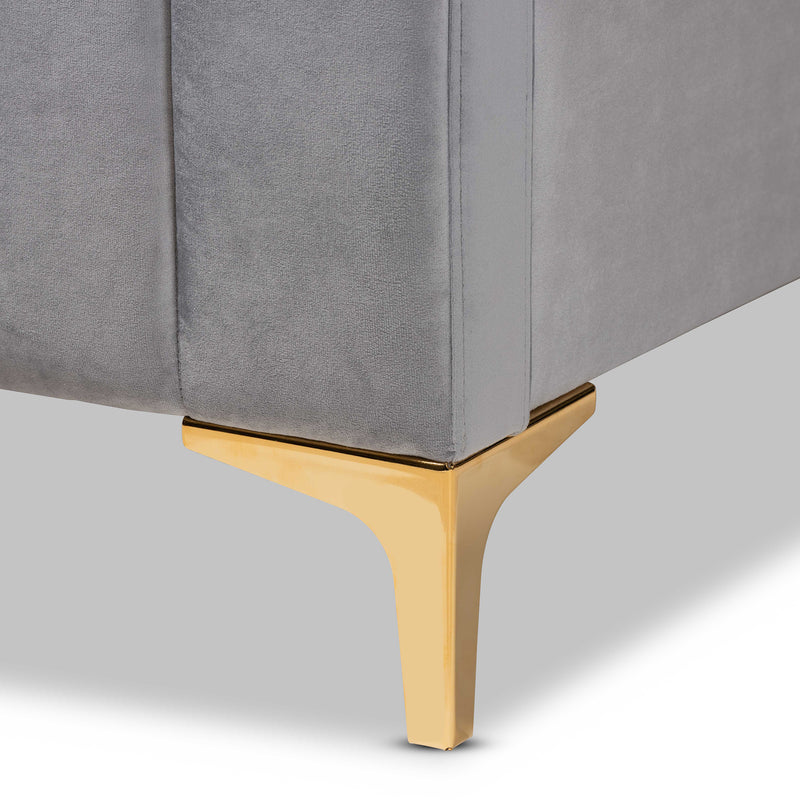 Nami Platform Bed - Modern Contemporary Glam and Luxe Light Grey Velvet Fabric Upholstered with Gold Finish