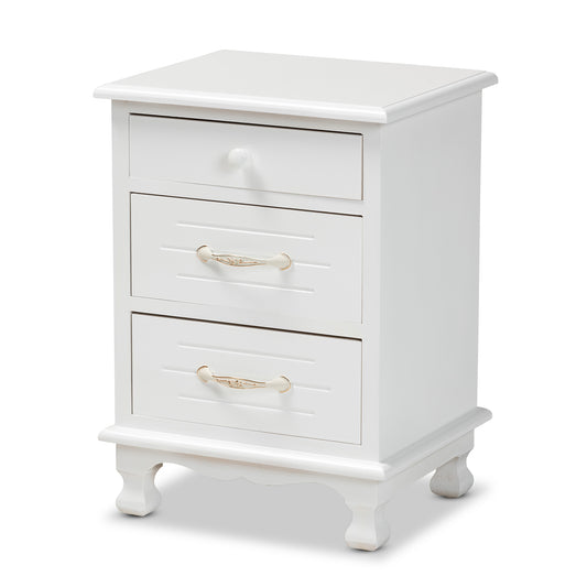 Layton Classic Wood End Table with White Finish and 3 Drawers for Living Room or Bedroom Storage