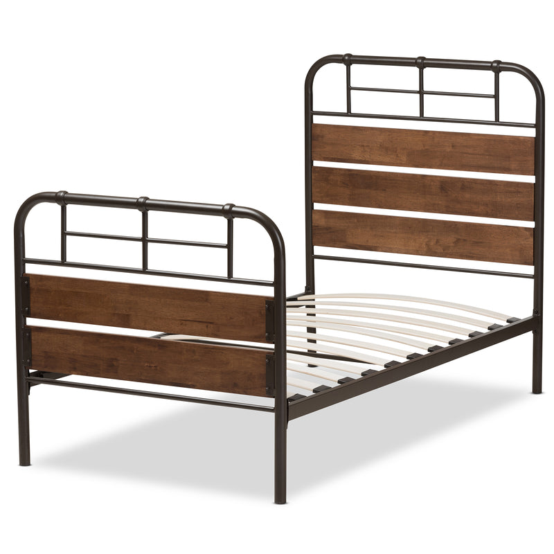 Monoco Twin Size Platform Bed Rustic Industrial Design with Black Metal and Coco Brown Wood