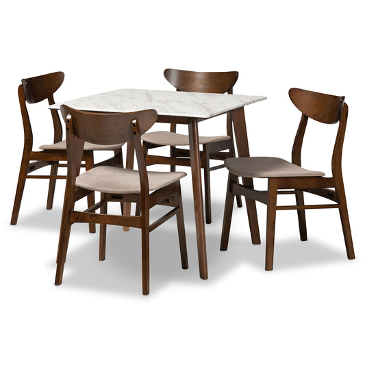 Paras Dining Set Mid-Century Modern Transitional Light Beige Fabric Upholstered Walnut Brown Finished Wood 5-Piece with Faux Marble Table