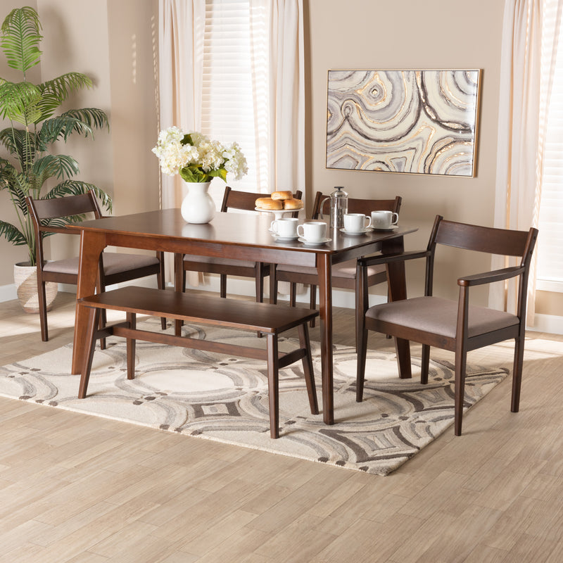 Coretta Dining Set Mid-Century Modern 6-Piece Collection in Warm Grey Fabric and Dark Brown Wood Finish