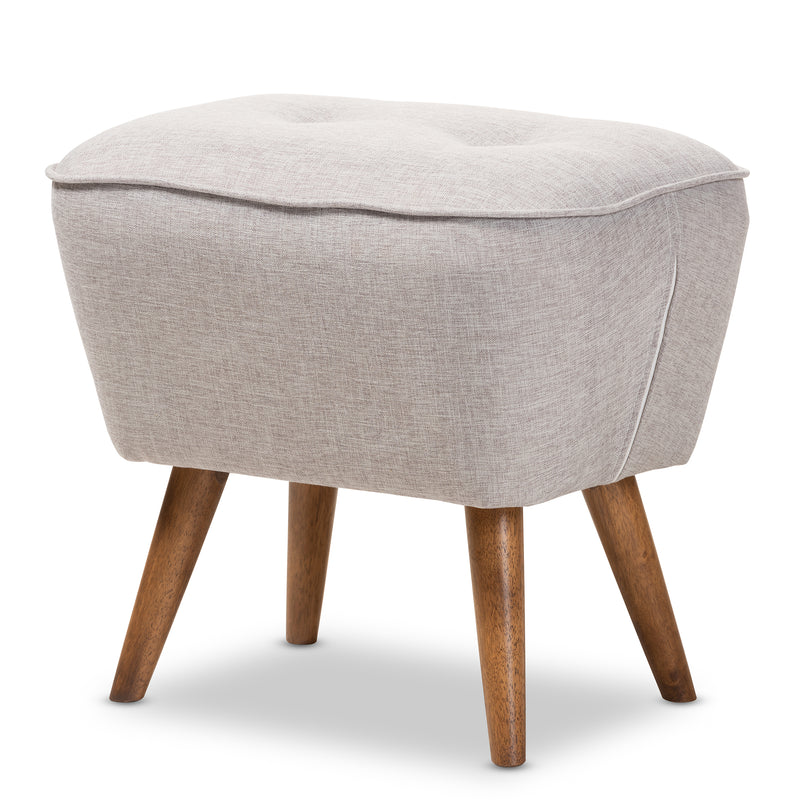 Petronelle Ottoman Mid-Century Modern Greyish Beige Fabric Upholstered Walnut Brown Finished Wood