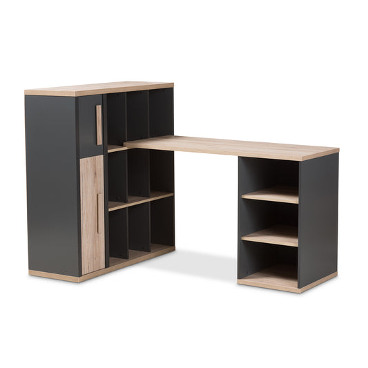 Pandora Study Desk - Modern Dark Grey and Light Brown Two-Tone Design with Built-in Shelving Unit