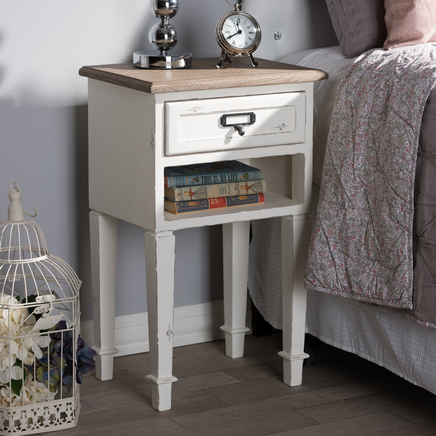 Dauphine Nightstand Provincial Style Weathered Oak with White Wash Distressed Finish Elegant Wood Design for Bedroom Storage and Decor