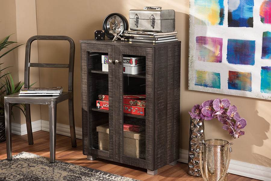 Mason Storage Cabinet Modern and Contemporary Dark Brown Multipurpose Sideboard with Two Glass Doors