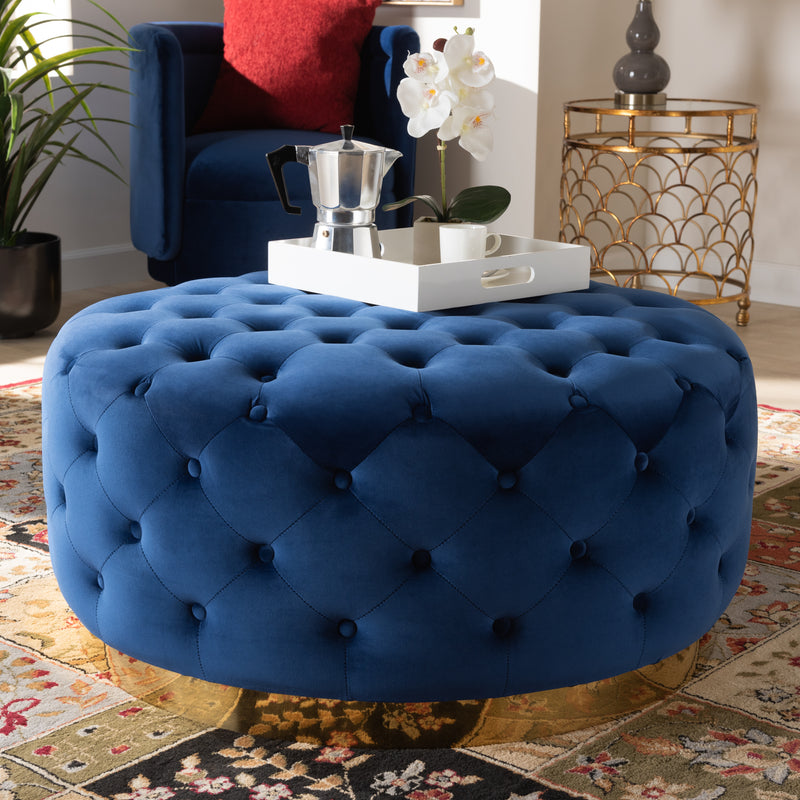 Sasha Glam Ottoman Grey Velvet Fabric Upholstered Gold Finished Round Cocktail