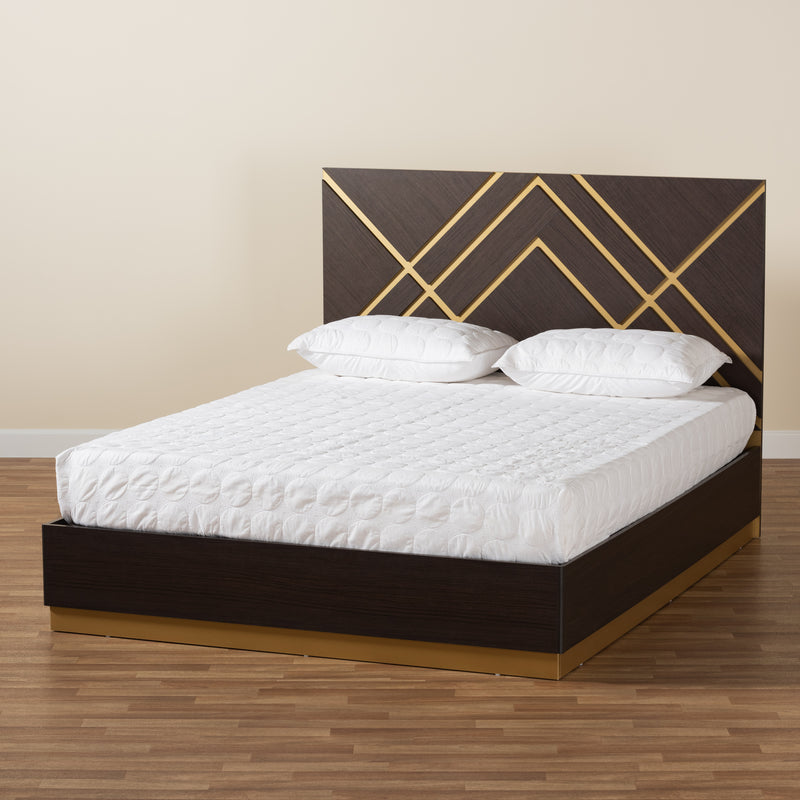 Arcelia Queen Size Platform Bed Contemporary Glam Luxe Design Two-Tone Dark Brown Gold Finished Wood