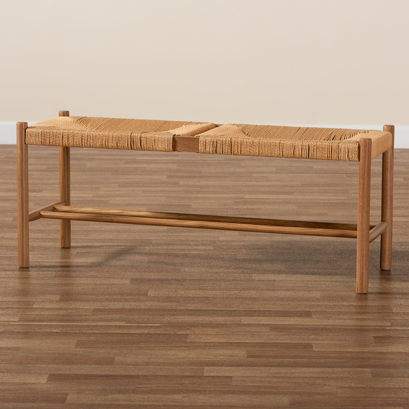 Saura Dining Bench Mid-Century Modern Oak Brown Wood with Hemp Upholstery for Stylish Dining Spaces