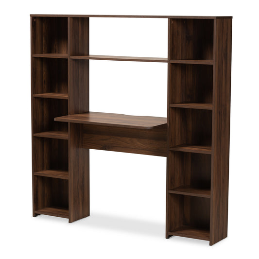 Ezra Modern Computer Desk Walnut Brown Finished Wood with Storage Shelves for Home Office and Study