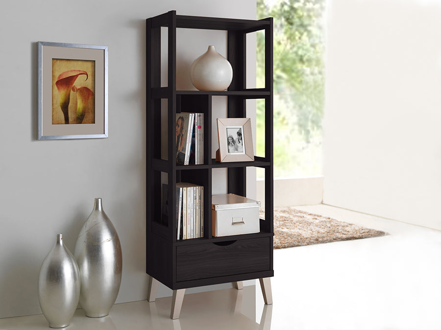 Kalien Modern Dark Brown Wood Leaning Bookcase with Display Shelves and Storage Drawer for Home or Office Use