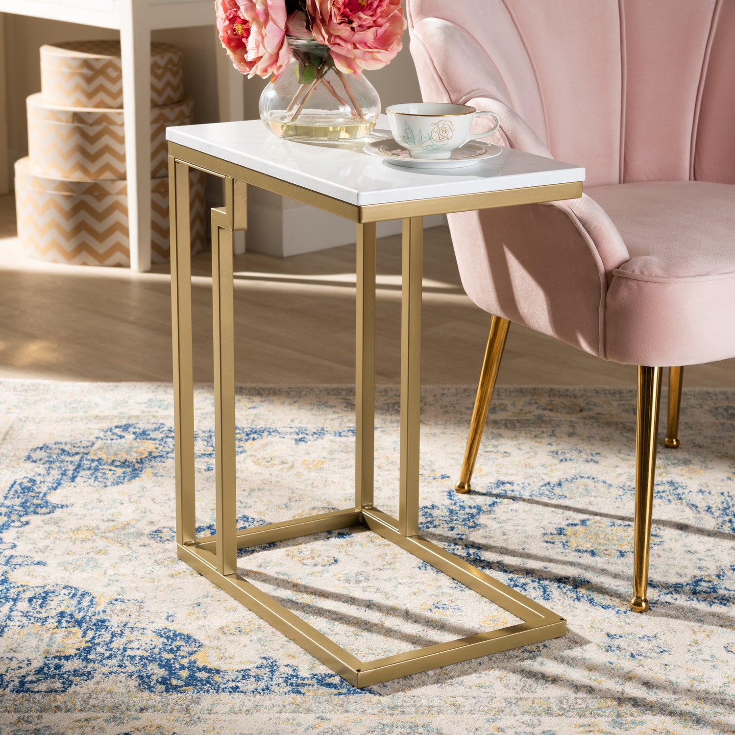 Renzo End Table - Modern Contemporary Design with Brushed Gold Metal Frame and Faux Marble Top