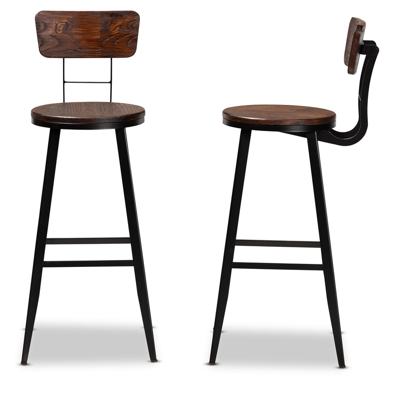 Kenna Vintage Rustic Industrial Bar Stool Set - 2-Piece Wood and Black Metal Design for Home Kitchen or Pub Use