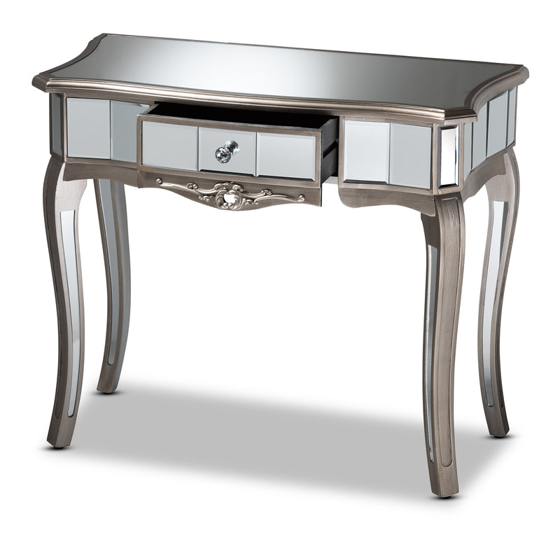 Elgin Console Table Contemporary Glam Luxe Design Brushed Silver Finished Wood Mirrored Glass with 1 Drawer for Stylish Storage