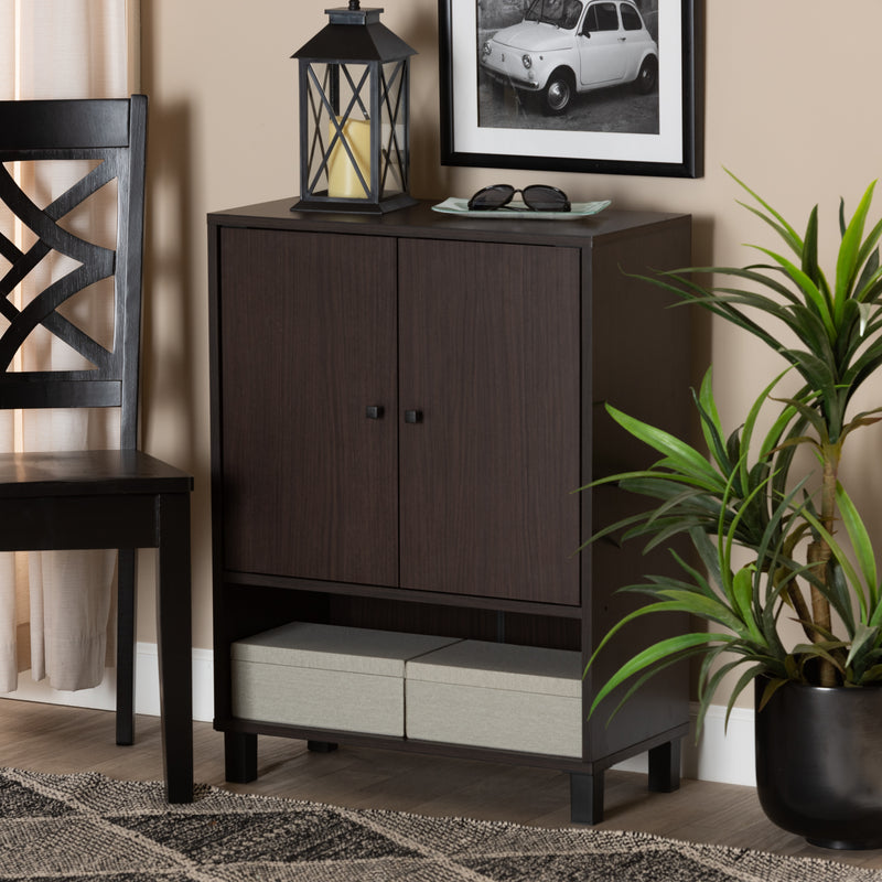 Rossin Shoe Storage Cabinet Modern and Contemporary Walnut Brown Finished 2-Door Wood Entryway