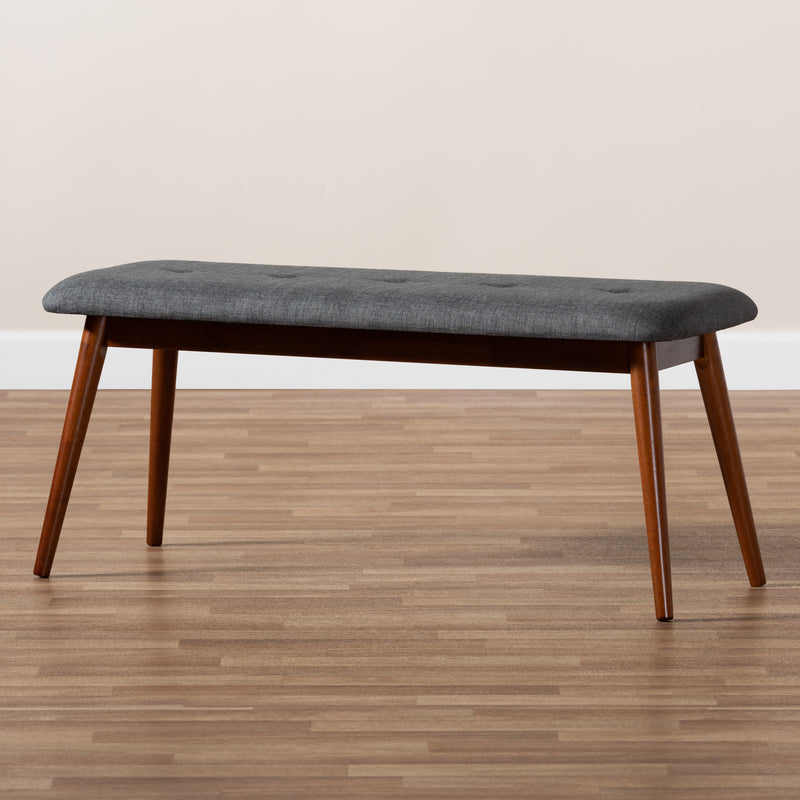 Flora II Dining Bench Mid-Century Modern Dark Grey Fabric Upholstered Medium Oak Finished Wood