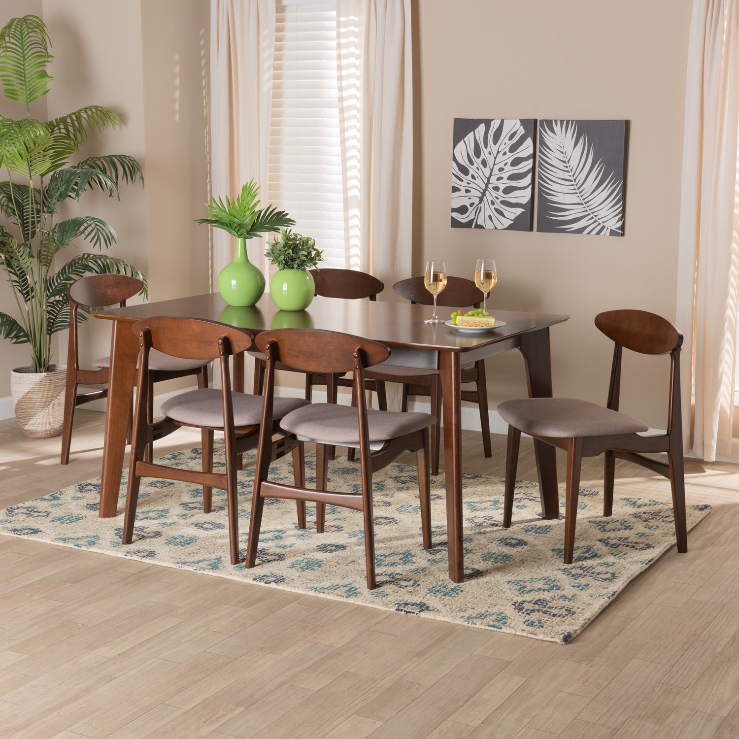 Daria 7-Piece Dining Set in Mid-Century Modern Style with Warm Grey Fabric and Dark Brown Wood Finish