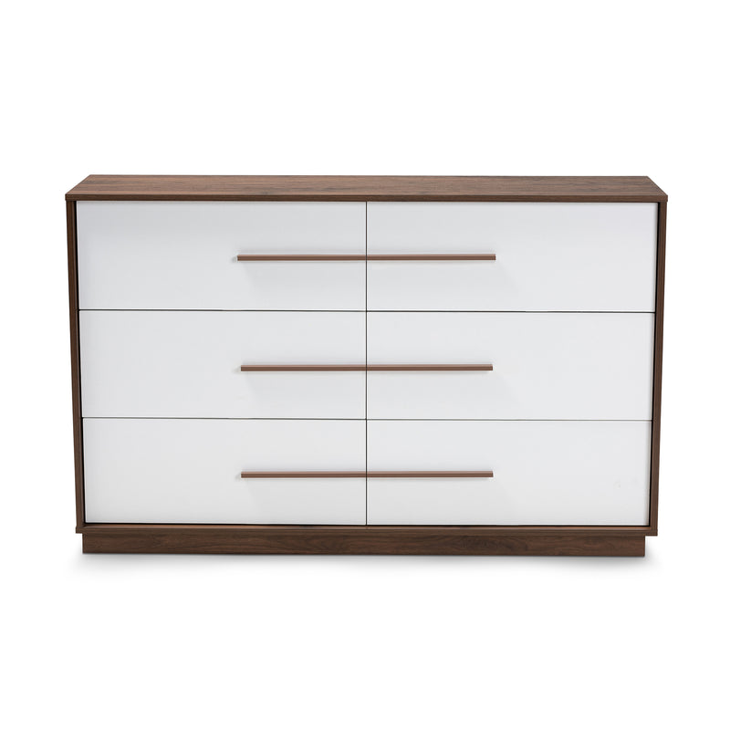 Mette Mid-Century Modern 6-Drawer Wood Dresser in White and Walnut Finish - Stylish Storage for Bedroom or Living Room