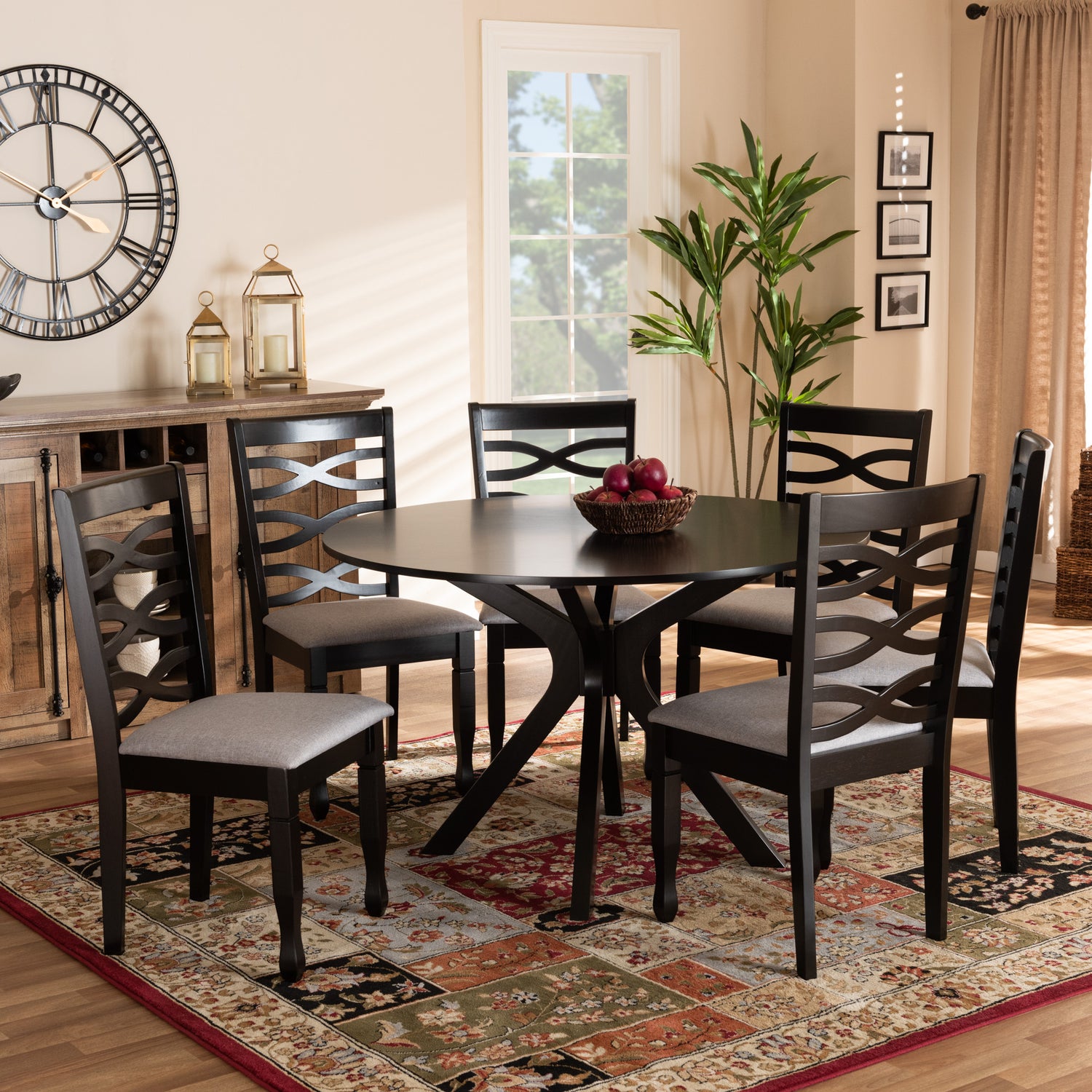 Mila Dining Set Modern and Contemporary Grey Fabric Upholstered Dark Brown Finished Wood 7-Piece