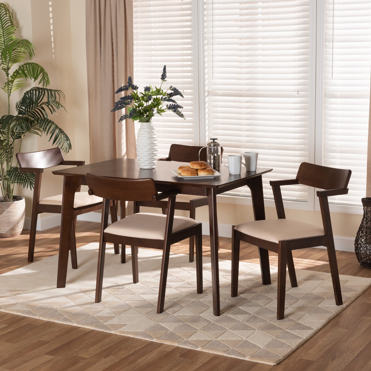 Berenice 5-Piece Dining Set: Mid-Century Modern Design with Cream Upholstery and Dark Brown Finished Wood