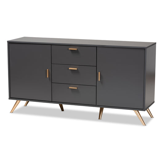 Kelson Sideboard Buffet - Modern Dark Grey and Gold Finished Wood 2-Door Storage Cabinet