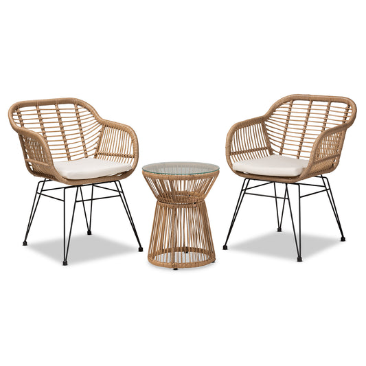 Giorgia Patio Set Modern 3-Piece Outdoor Furniture in Beige Fabric Upholstery and Brown Synthetic Rattan