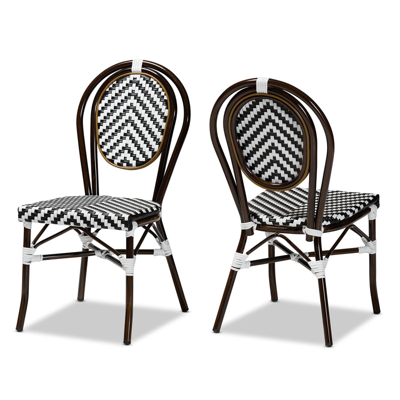 Alaire Outdoor Dining Chair Set Classic French Black and White Weaving and Dark Brown Metal 2-Piece