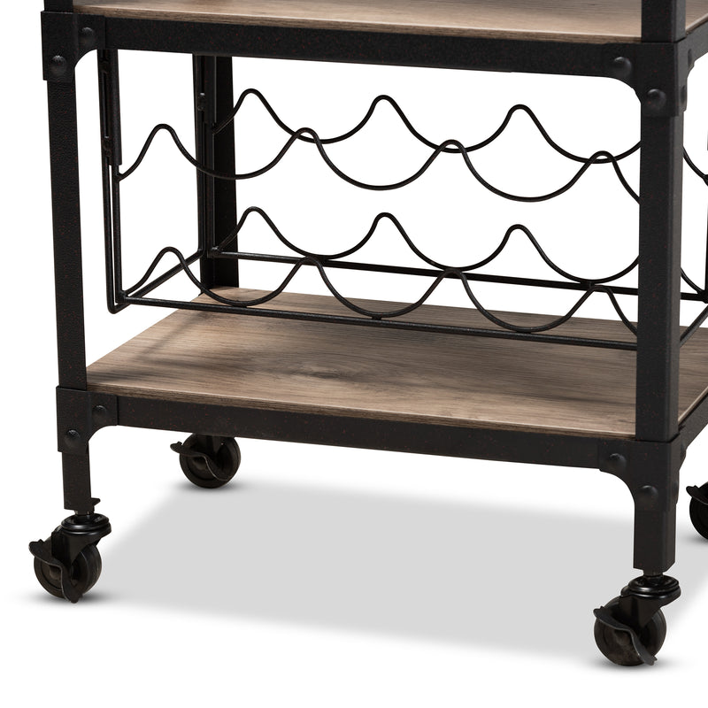 Swanson Mobile Kitchen Bar Rustic Industrial Antique Black Metal and Distressed Oak Wood Wine Cart with Wheels