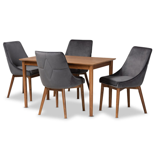 Gilmore Dining Set Modern Contemporary Grey Velvet Fabric Upholstered Walnut Brown Finished Wood 5-Piece