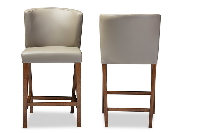 Olivia Pub Stool Set of 2 Mid-century Modern Scandinavian Dark Walnut Wood Grey Faux Leather Upholstery