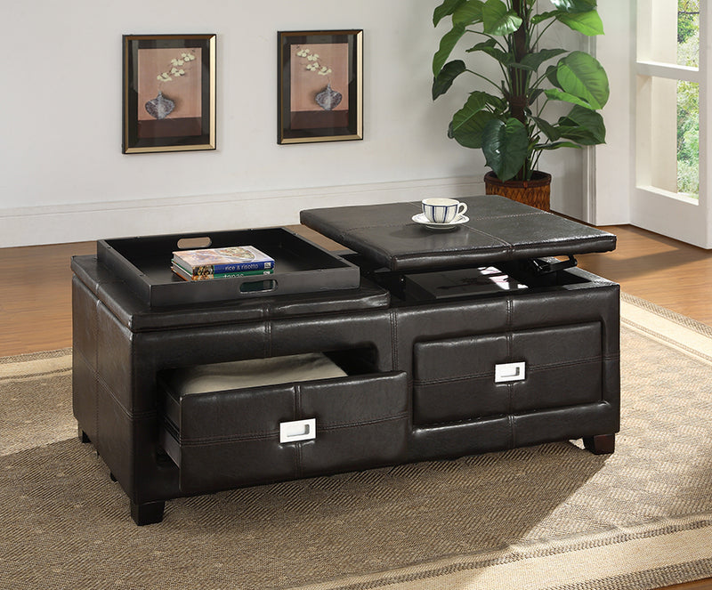 Indy Modern Contemporary Lift-Top Cocktail Ottoman Table with Storage Drawers and Serving Tray for Versatile Living Room Use